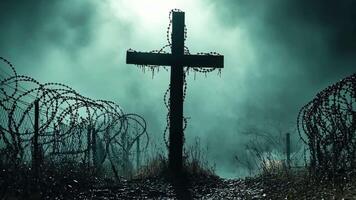 A cross in the middle of a field with barbed wire video