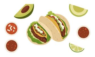Taco with Guacamole and Salsa Toppings vector