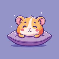 Adorable animated hamster resting on a purple pillow with a content expression. vector