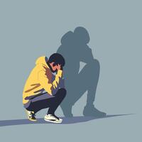 Man in yellow jacket crouches, casting shadow portraying inner struggle, mental health concept on minimalist blue background. vector