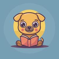 Cute cartoon puppy reading a book, against a blue background with a yellow halo. vector
