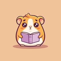 Cute cartoon-style hamster holding an open book, set against a simple light brown background. vector