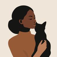 Elegant illustration of a Black woman embracing a black cat, showcasing a serene bond between human and feline on a neutral background. vector