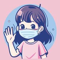 Animated girl wearing a face mask, waving with a friendly gesture on a pastel background. vector