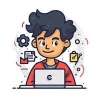 Animated young male using a laptop, surrounded by digital icons representing tasks and communication. vector