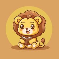 Adorable cartoon lion reading a book with a cheerful expression on a yellow background. vector