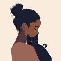 Illustration of a woman with dark hair in a bun embracing a black cat, portraying a serene moment of connection and companionship. vector