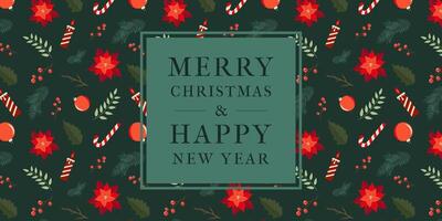 Happy New Year and Merry Christmas Modern Banner with Trendy Typography and Pattern on the Background. Bright Xmas Template in New Year Red Green Colors. Design Concept Illustration for Web. vector