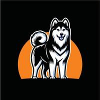 cool Siberian Husky Dog stand positition in front of orange sun and black background. Can Use as Logo vector
