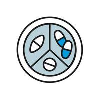Pill container with dose sectors. Round box medical preparations. Container capsules. Pillbox, case. Jar for medicines. Handful vitamins. Storage antibiotic. Isolated. Flat style. illustration vector