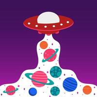 an illustration of a spaceship flying over planets vector