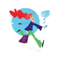 Illustration of a cute girl with shopping. Cute red-haired girl is running with phone and packages. Image is isolated on white background. Flat illustration for print and website. vector