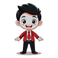 A cartoon illustration of a cute, happy boy in a red suit and tie standing in an office setting. vector