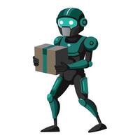 A teal-colored robot in a warehouse setting carries a brown package. The robots arms are outstretched, carrying the package. vector