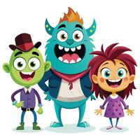A trio of cartoon mascots with exaggerated features and wide smiles stand together in a playful pose. vector