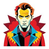 A pop art style illustration of a man with a serious expression, wearing a red, blue, and yellow jacket. The image is isolated on a white background. vector