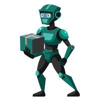 A digitally illustrated green robot, wearing a helmet, carries a package in its right hand, ready for delivery. vector