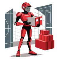 A red and black robotic worker is carrying a package inside a modern warehouse. vector