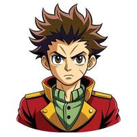 A close-up illustration of a manga character with spiky brown hair wearing a red jacket with yellow trim. He has a serious expression and is looking directly at the viewer. vector