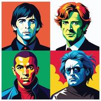 A pop art illustration of four men, each in a different colored square, on a white background. vector