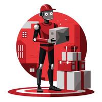 Futuristic delivery robot with red suit and hard hat stands on platform holding cardboard package, surrounded by gifts with red cityscape background. vector