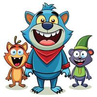 This image features three cartoon mascot characters with exaggerated features, large eyes, and wide smiles. The characters are isolated on a white background. vector