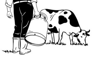 Outline illustration of a farmer with a milk can and a cow grazing in a meadow. vector