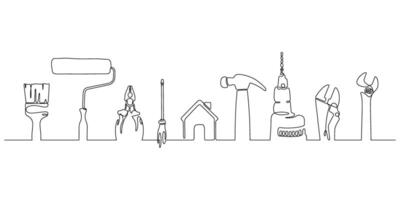 working tools craftsman top view continuous line drawing minimalism vector