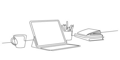 digital tablet computer with keyboard case on desktop workplace and coffee cup, books, pencil holder one line drawing vector