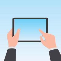 Hands holing tablet computer with blank screen. Using digital tablet, Touching on blank screen with finger vector