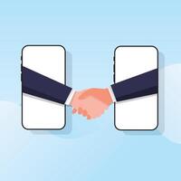 Handshaking on smartphone concept. Online Communication, two business man handshake on mobile, Businesspersons shaking hands through display of a phone. vector