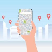 Mobile map tracking location track app on smartphone, with city background. vector