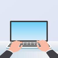 Hands typing on laptop keyboard. Working on laptop. Notebook blank screen vector