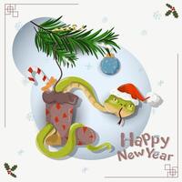 A symbol of the new year a snake crawls out of a Christmas sock for gifts on the background of spruce branches vector