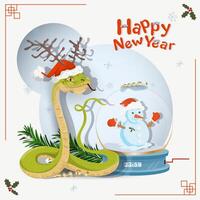 A symbol of the new year a snake next to a glass balloon with a snowman inside vector