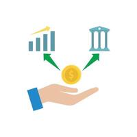 Hand holding gold coin with arrows pointing to bar graph and building vector