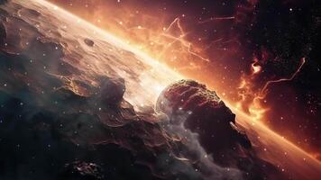 Fire planet. Galaxy and Nebula. Abstract flyby space background. Endless universe with stars and galaxies in outer space. Space art. Moving design. video