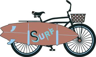 A bicycle with a surfboard on it vector