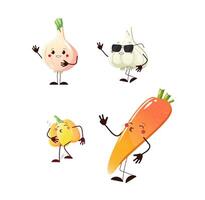 Cool vegetable funny characters. Singing carrot and pepper, funny onion and garlic. illustration for printing and use in the design of various elements and objects vector