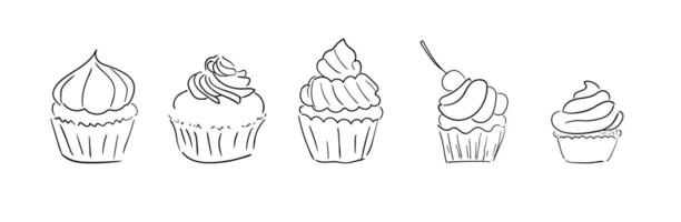 Hand-drawn Doodle illustrations of Cakes Cupcakes with Cream. illustration on white. Design elements for food web, labels or print. vector