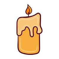 Lit candle with melting wax, soft orange flame, dripping wax, warm glow, cozy, light source, relaxation, meditation, ambiance, home decor, flame, serenity, calm, soft light, peace, warmth, handmade vector
