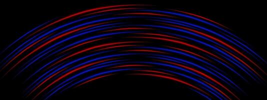Curved red and blue light effect isolated on dark background. Neon stripes with bright glowing lines. Graphical patch of reflected light. Lens flare. Abstract rays. illustration. vector