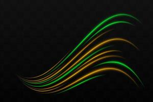 Curved yellow, green neon light effect isolated on dark background. Bright glowing neon stripes with lens flare. Graphical patch of reflected light. Abstract rays. illustration. vector