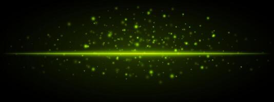 Horizontal green light effect isolated on dark background. Neon stripe with bright glowing lines and sparkling particles. Abstract rays. illustration. vector
