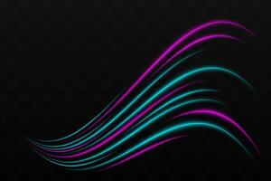 Curved purple, blue neon light effect isolated on dark background. Bright glowing neon stripes with lens flare. Graphical patch of reflected light. Abstract rays. illustration. vector