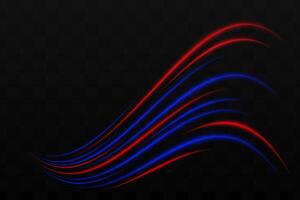 Curved red, blue neon light effect isolated on dark background. Bright glowing neon stripes with lens flare. Graphical patch of reflected light. Abstract rays. illustration. vector