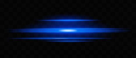Horizontal blue neon light streaks isolated on dark background. Bright glowing lines with motion blur effect. Graphical patch of reflected light. Abstract rays. illustration. vector