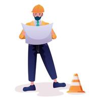 A builder in a helmet and with a project plan in his hands. Construction site, building, striped cone, drawing, repair, foreman, architect, engineer, hardware, house, skyscraper, order fulfillment vector