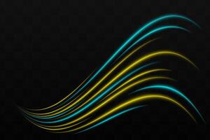 Curved yellow and blue neon light effect isolated on dark background. Bright glowing neon stripes with lens flare. Graphical patch of reflected light. Abstract rays. illustration. vector