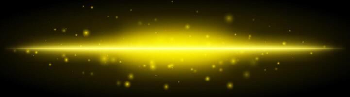 Horizontal yellow light effect isolated on dark background. Bright glowing beam with sparkles and lens flare. Graphical patch of reflected light. Abstract rays. illustration. vector